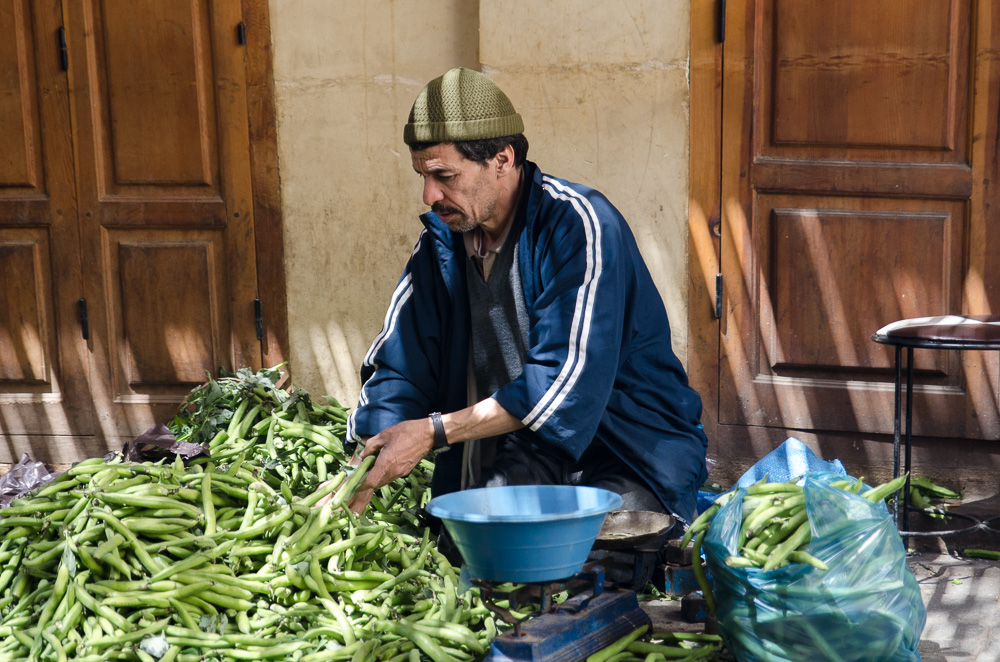 Green bean seller in the Fes Medina Morocco