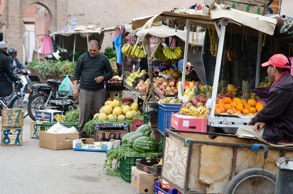 Morning Vegetable market outside the gates of the Medina, Marrakesh Morocco